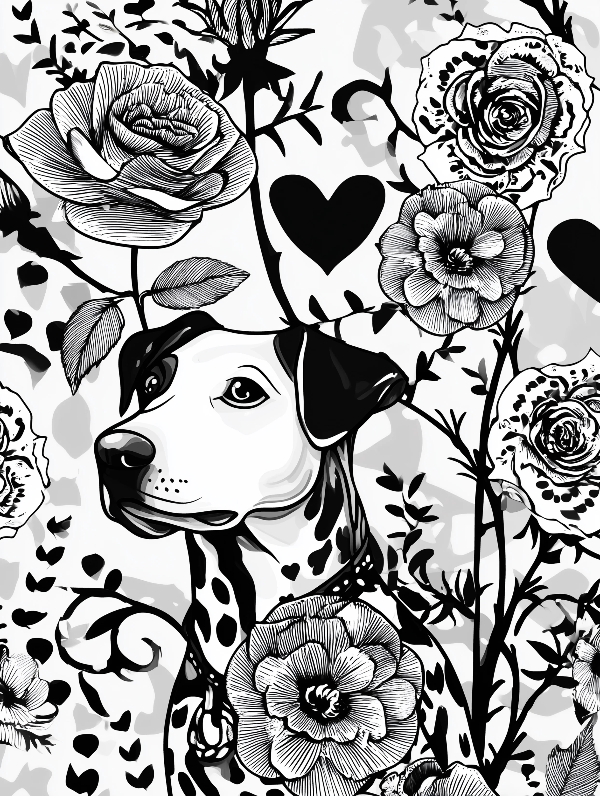 Free printable rose coloring page for adults featuring a dalmation with a rose